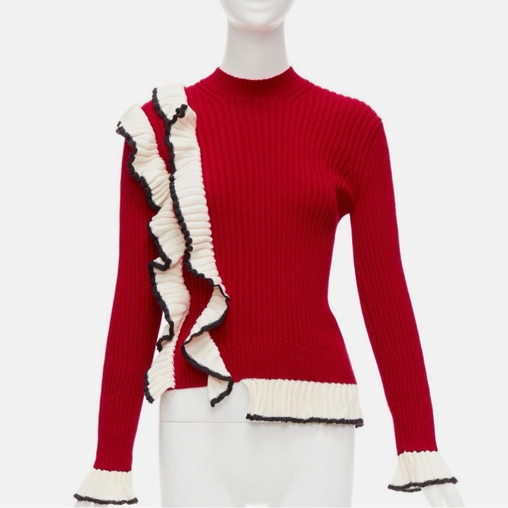 MSGM Elegant Red and White Ruffle Ribbed Sweater